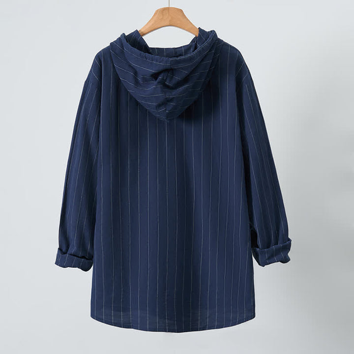 Buddha Stones Camicia da uomo a maniche lunghe a righe, casual, minimalista, con coulisse, ideale per la primavera. - image 11