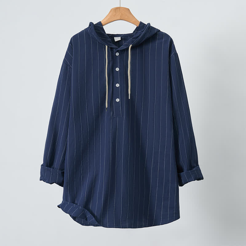 Buddha Stones Camicia da uomo a maniche lunghe a righe, casual, minimalista, con coulisse, ideale per la primavera. - image 10