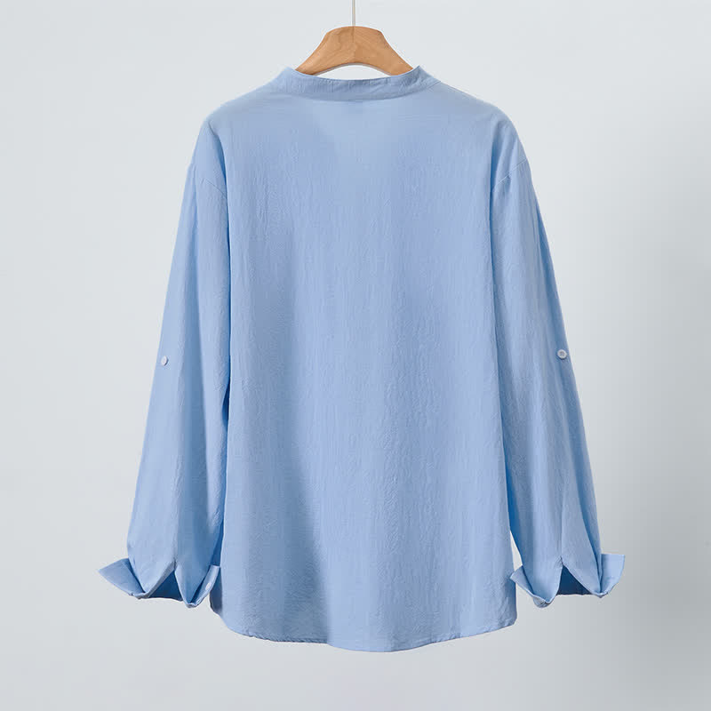 Buddha Stones Camicia da uomo a maniche lunghe, stile Tang, con colletto alla coreana, tinta unita, ideale per primavera/autunno, con taschino applicato. - image 3