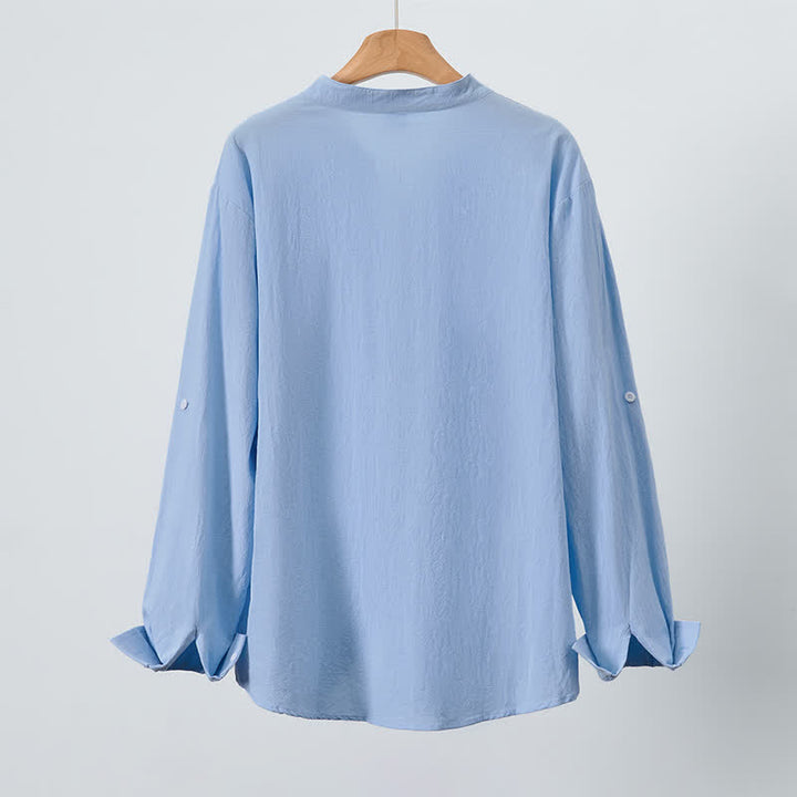 Buddha Stones Camicia da uomo a maniche lunghe, stile Tang, con colletto alla coreana, tinta unita, ideale per primavera/autunno, con taschino applicato. - image 3