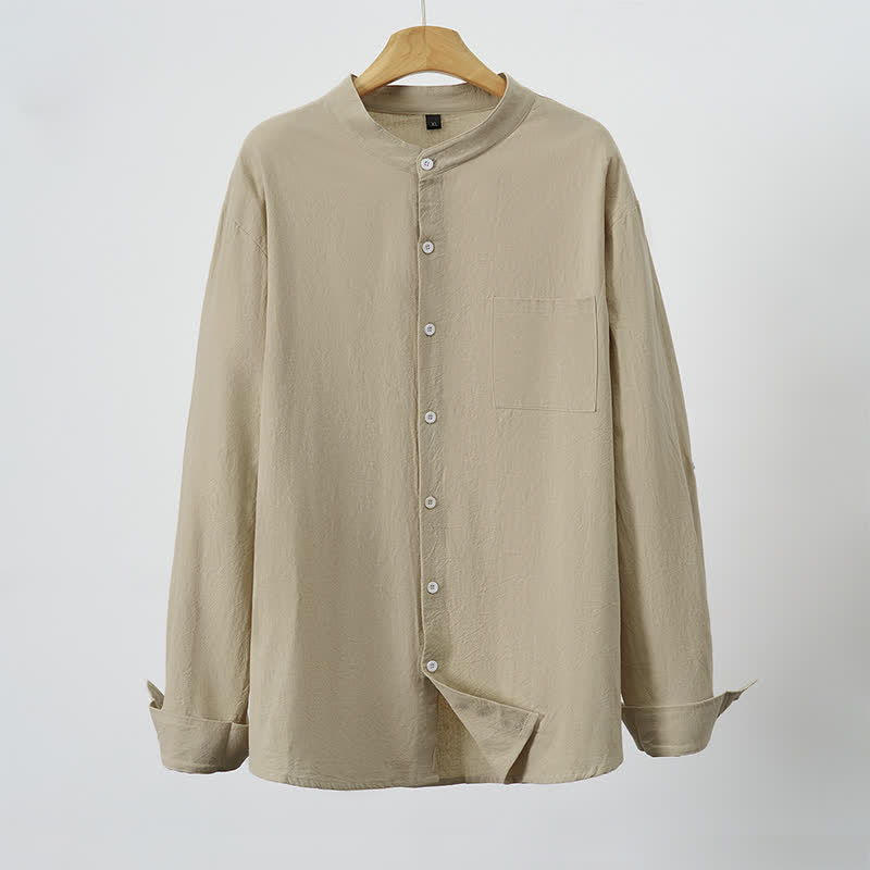 Buddha Stones Camicia da uomo a maniche lunghe, stile Tang, con colletto alla coreana, tinta unita, ideale per primavera/autunno, con taschino applicato. - image 12