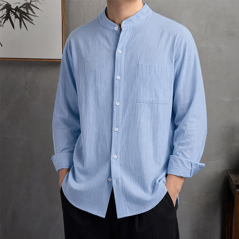 Buddha Stones Camicia da uomo a maniche lunghe, stile Tang, con colletto alla coreana, tinta unita, ideale per primavera/autunno, con taschino applicato. - Azzurro polvere - US/UK/AU42, EU52 (3XL) - image 0
