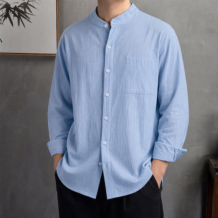 Buddha Stones Camicia da uomo a maniche lunghe, stile Tang, con colletto alla coreana, tinta unita, ideale per primavera/autunno, con taschino applicato. - Azzurro polvere - US/UK/AU42, EU52 (3XL) - image 0