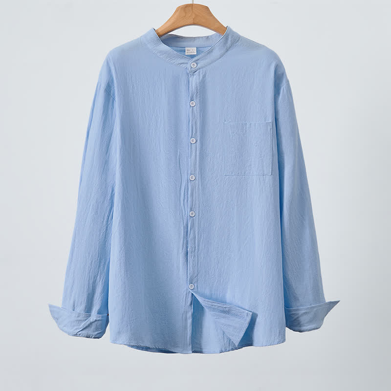 Buddha Stones Camicia da uomo a maniche lunghe, stile Tang, con colletto alla coreana, tinta unita, ideale per primavera/autunno, con taschino applicato. - image 2
