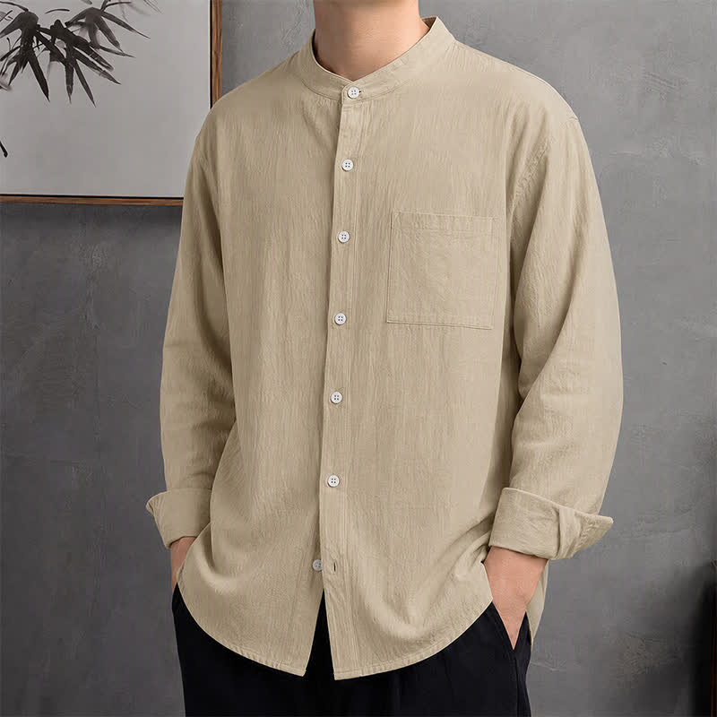 Buddha Stones Camicia da uomo a maniche lunghe, stile Tang, con colletto alla coreana, tinta unita, ideale per primavera/autunno, con taschino applicato. - Cachi - US/UK/AU42, EU52 (3XL) - image 10