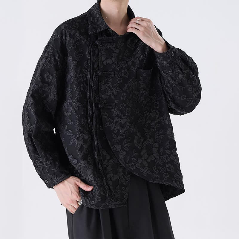 Buddha Stones Camicia da uomo a maniche lunghe in jacquard floreale stile Tang vintage con bottoni a rana, ideale per primavera/autunno, con taschino applicato. - image 2