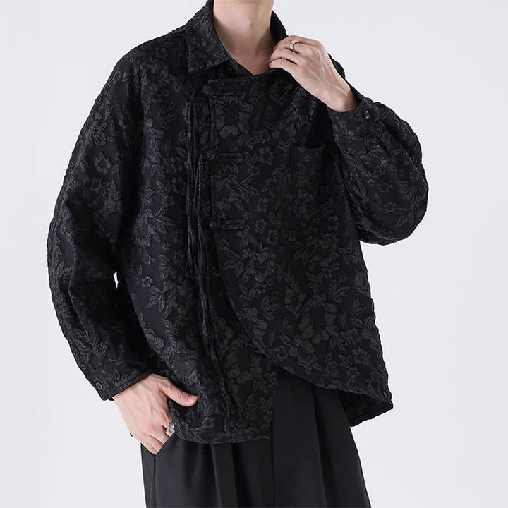 Buddha Stones Camicia da uomo a maniche lunghe in jacquard floreale stile Tang vintage con bottoni a rana, ideale per primavera/autunno, con taschino applicato. - image 2