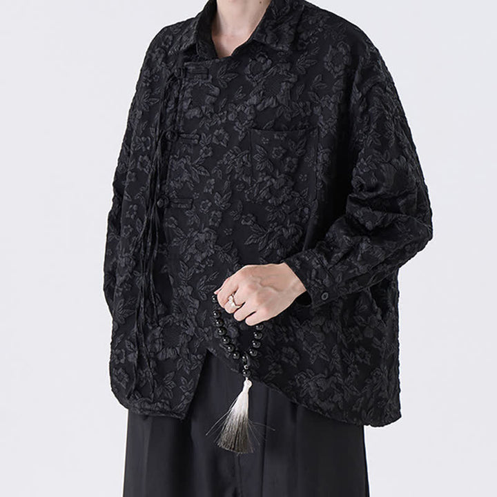 Buddha Stones Camicia da uomo a maniche lunghe in jacquard floreale stile Tang vintage con bottoni a rana, ideale per primavera/autunno, con taschino applicato. - Nero - US/UK/AU50, EU60 (5XL) - image 0