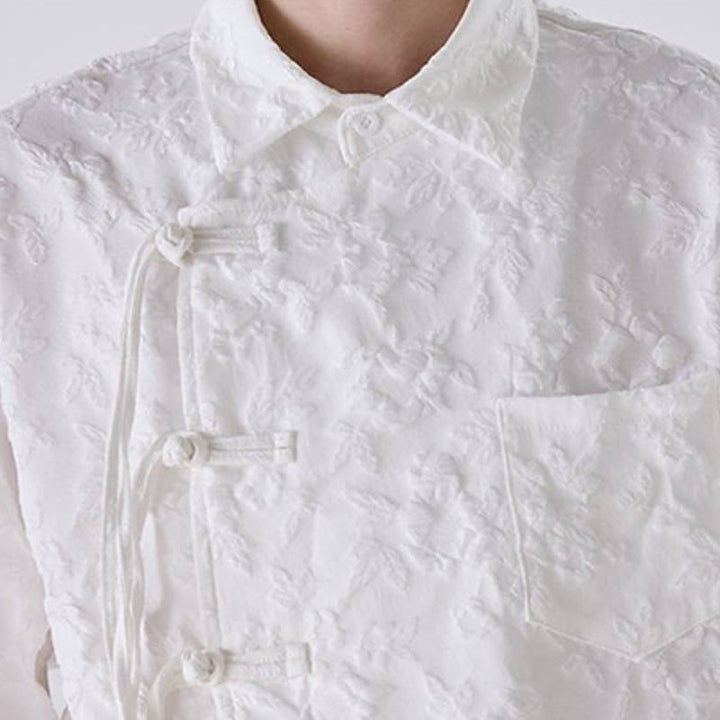 Buddha Stones Camicia da uomo a maniche lunghe in jacquard floreale stile Tang vintage con bottoni a rana, ideale per primavera/autunno, con taschino applicato. - image 14