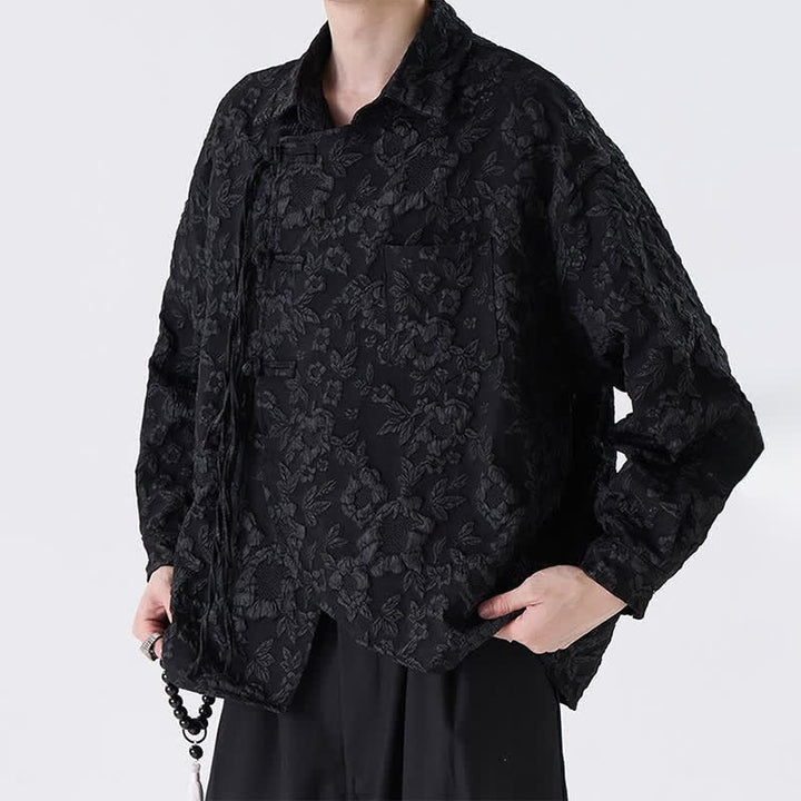 Buddha Stones Camicia da uomo a maniche lunghe in jacquard floreale stile Tang vintage con bottoni a rana, ideale per primavera/autunno, con taschino applicato. - image 3