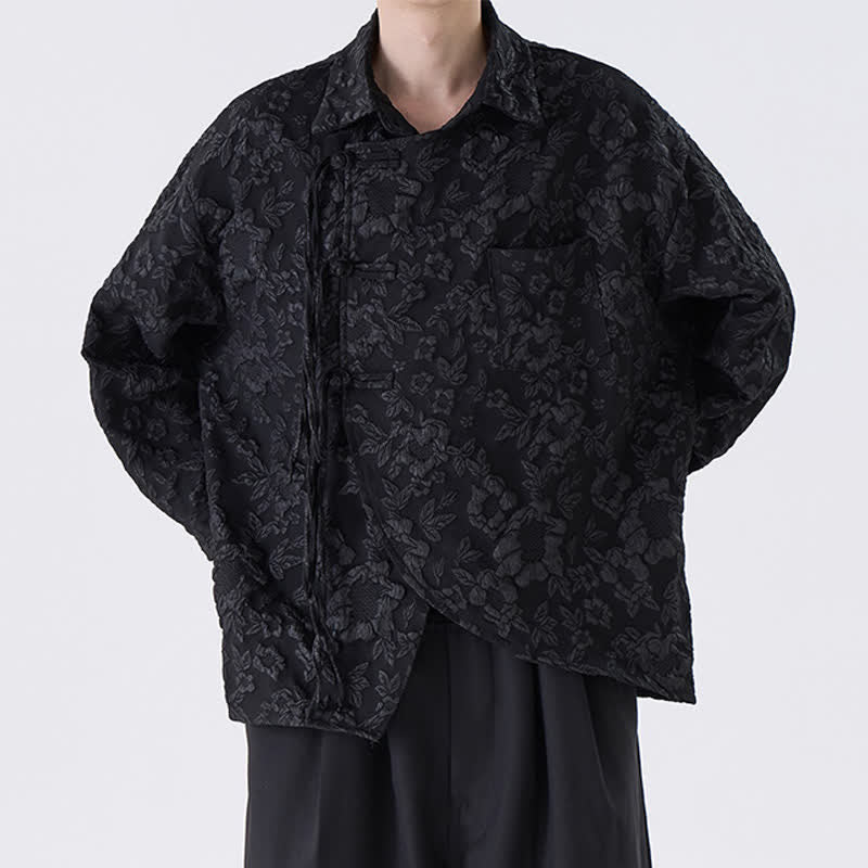 Buddha Stones Camicia da uomo a maniche lunghe in jacquard floreale stile Tang vintage con bottoni a rana, ideale per primavera/autunno, con taschino applicato. - image 1