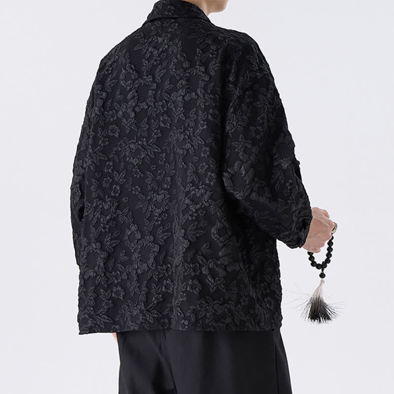 Buddha Stones Camicia da uomo a maniche lunghe in jacquard floreale stile Tang vintage con bottoni a rana, ideale per primavera/autunno, con taschino applicato. - image 4