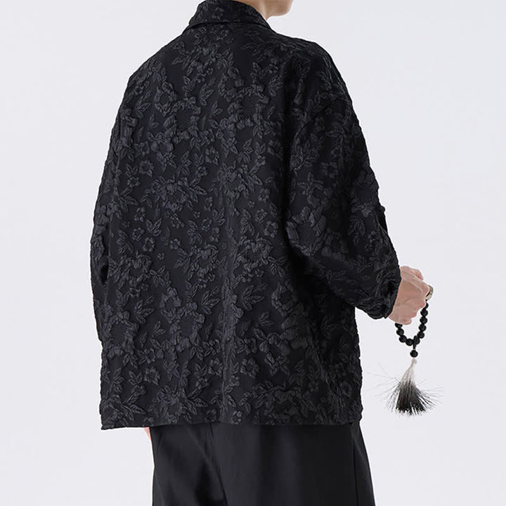 Buddha Stones Camicia da uomo a maniche lunghe in jacquard floreale stile Tang vintage con bottoni a rana, ideale per primavera/autunno, con taschino applicato. - image 4