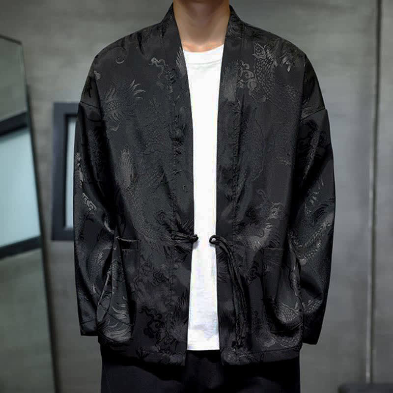 Buddha Stones Kimono da uomo stile vintage Tang con coulisse e motivo jacquard a drago, con tasca, ideale per l'autunno. - Nero - US/UK/AU46, EU56 (5XL) - image 0