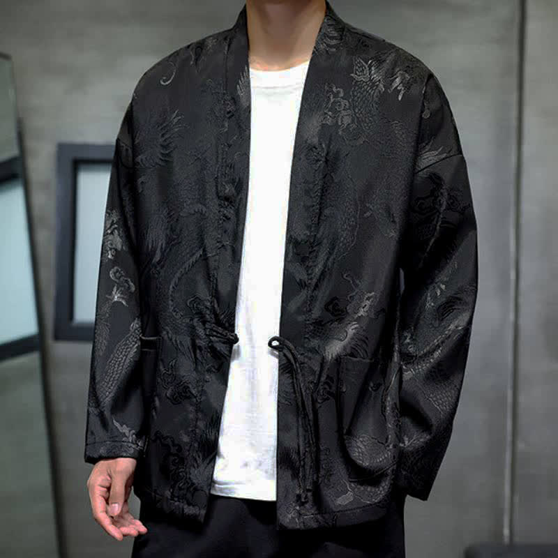 Buddha Stones Kimono da uomo stile vintage Tang con coulisse e motivo jacquard a drago, con tasca, ideale per l'autunno. - image 5
