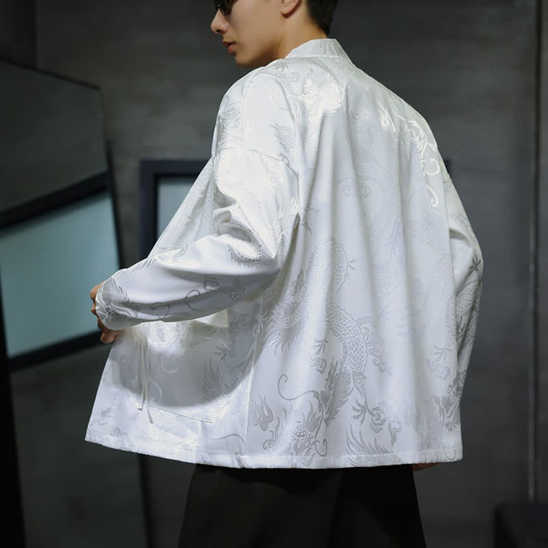 Buddha Stones Kimono da uomo stile vintage Tang con coulisse e motivo jacquard a drago, con tasca, ideale per l'autunno. - image 14