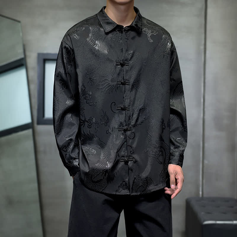 Buddha Stones Camicie da uomo a maniche lunghe in jacquard con bottoni a forma di rana vintage e drago, stile autunnale Tang. - Nero - US/UK/AU46, EU56 (5XL) - image 0