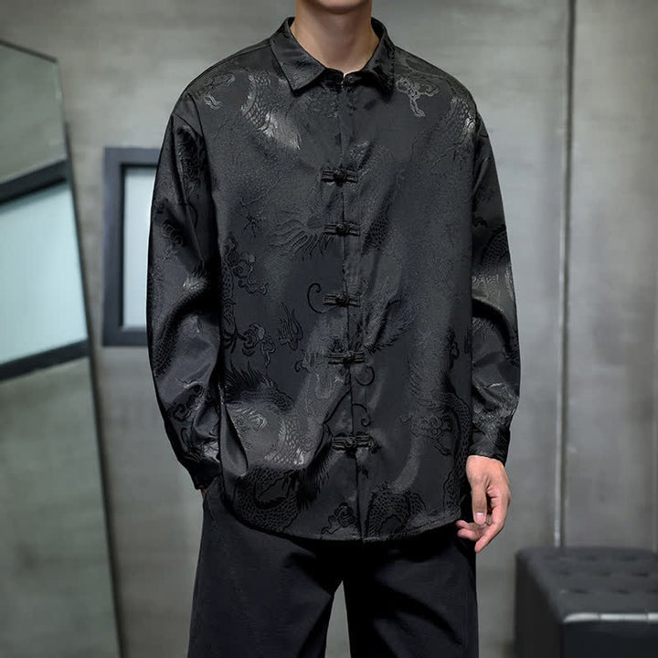 Buddha Stones Camicie da uomo a maniche lunghe in jacquard con bottoni a forma di rana vintage e drago, stile autunnale Tang. - Nero - US/UK/AU46, EU56 (5XL) - image 0
