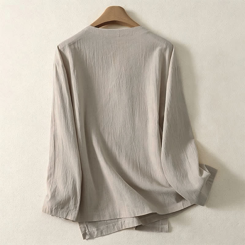 Buddha Stones Camicia da donna a maniche lunghe tinta unita stile Tang, minimalista, con tasca applicata, ideale per primavera/autunno. - image 5