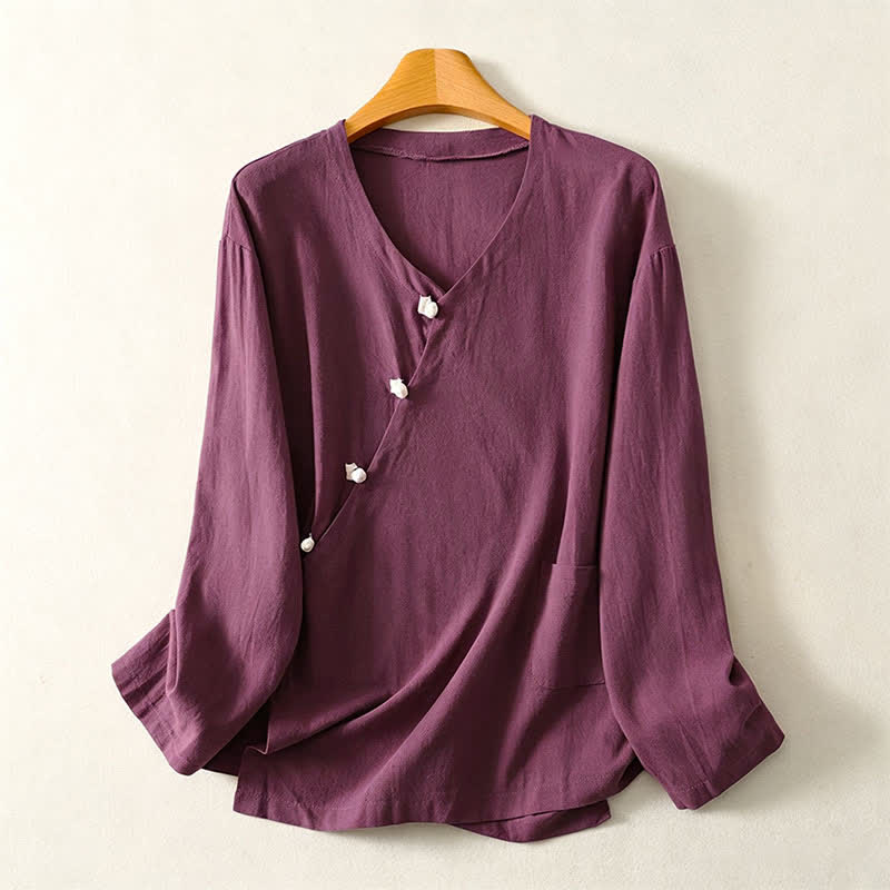Buddha Stones Camicia da donna a maniche lunghe tinta unita stile Tang, minimalista, con tasca applicata, ideale per primavera/autunno. - Viola - US8-10, UK/AU12-14, EU40-42 (2XL) - image 12