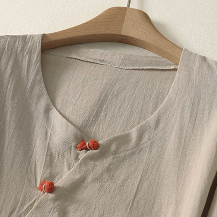 Buddha Stones Camicia da donna a maniche lunghe tinta unita stile Tang, minimalista, con tasca applicata, ideale per primavera/autunno. - image 6
