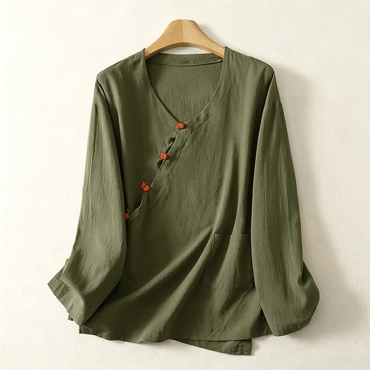 Buddha Stones Camicia da donna a maniche lunghe tinta unita stile Tang, minimalista, con tasca applicata, ideale per primavera/autunno. - Verde oliva scuro - US8-10, UK/AU12-14, EU40-42 (2XL) - image 0