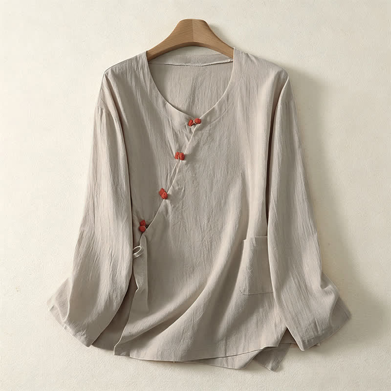Buddha Stones Camicia da donna a maniche lunghe tinta unita stile Tang, minimalista, con tasca applicata, ideale per primavera/autunno. - Beige - US8-10, UK/AU12-14, EU40-42 (2XL) - image 4