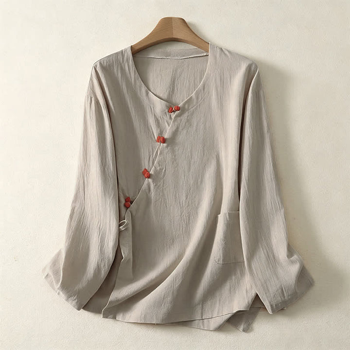 Buddha Stones Camicia da donna a maniche lunghe tinta unita stile Tang, minimalista, con tasca applicata, ideale per primavera/autunno. - Beige - US8-10, UK/AU12-14, EU40-42 (2XL) - image 4