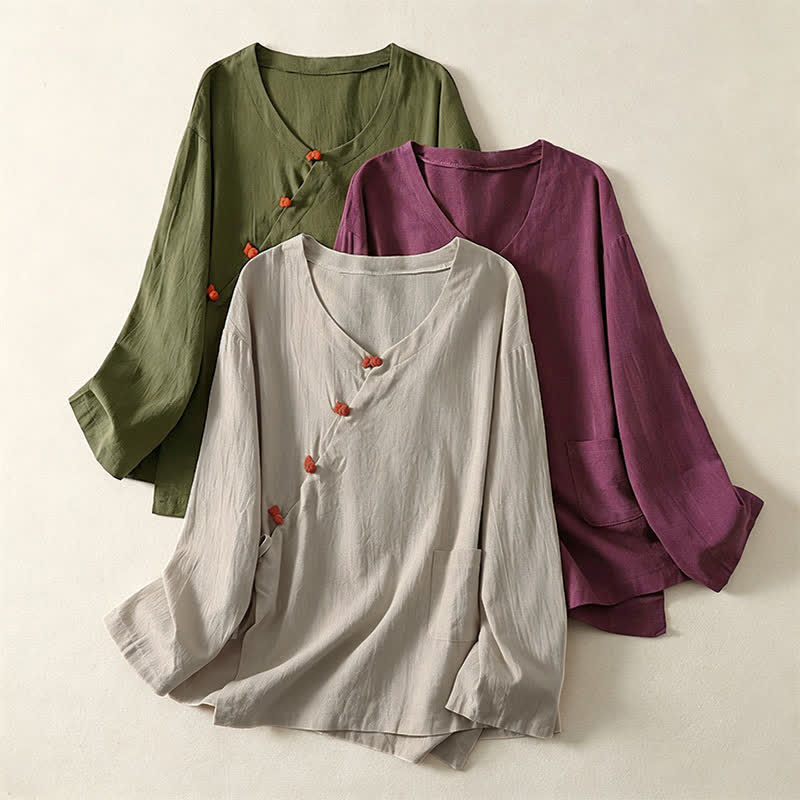 Buddha Stones Camicia da donna a maniche lunghe tinta unita stile Tang, minimalista, con tasca applicata, ideale per primavera/autunno. - image 16