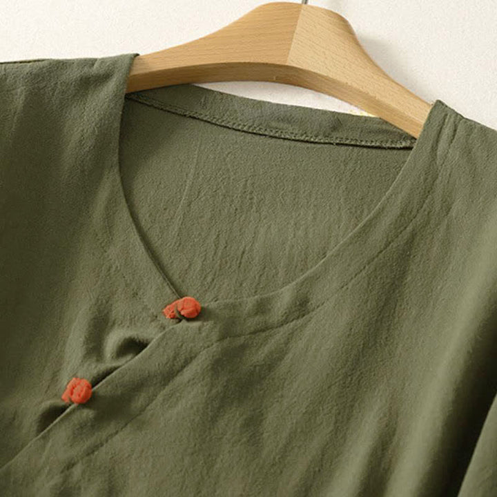 Buddha Stones Camicia da donna a maniche lunghe tinta unita stile Tang, minimalista, con tasca applicata, ideale per primavera/autunno. - image 1