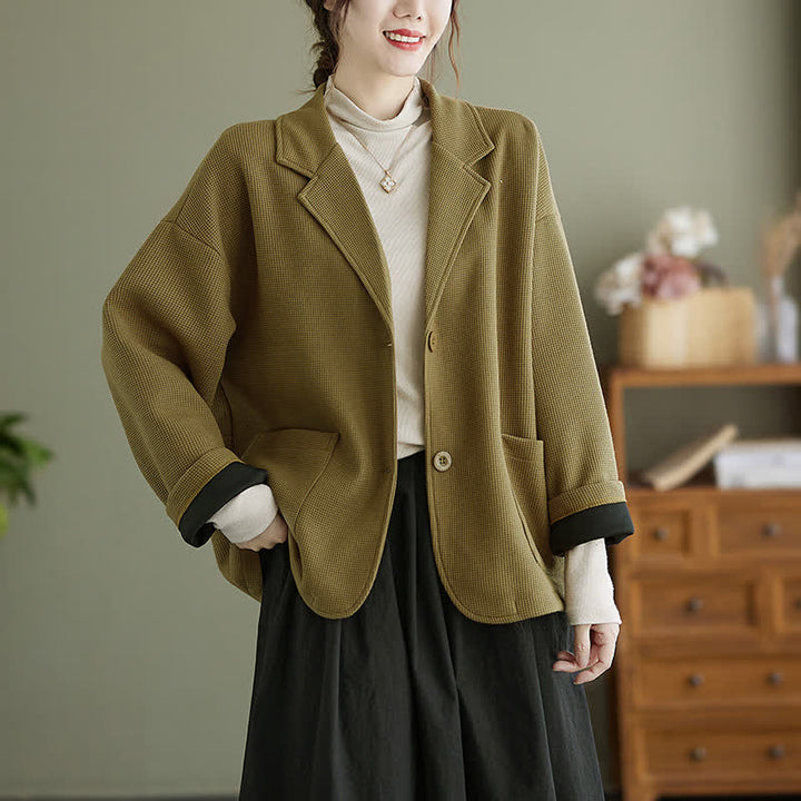 Buddha Stones Giacca da donna autunnale vintage semplice con bottoni e tasche. - Cachi scuro - US8-10, UK/AU12-14, EU40-42 (XL) - image 0