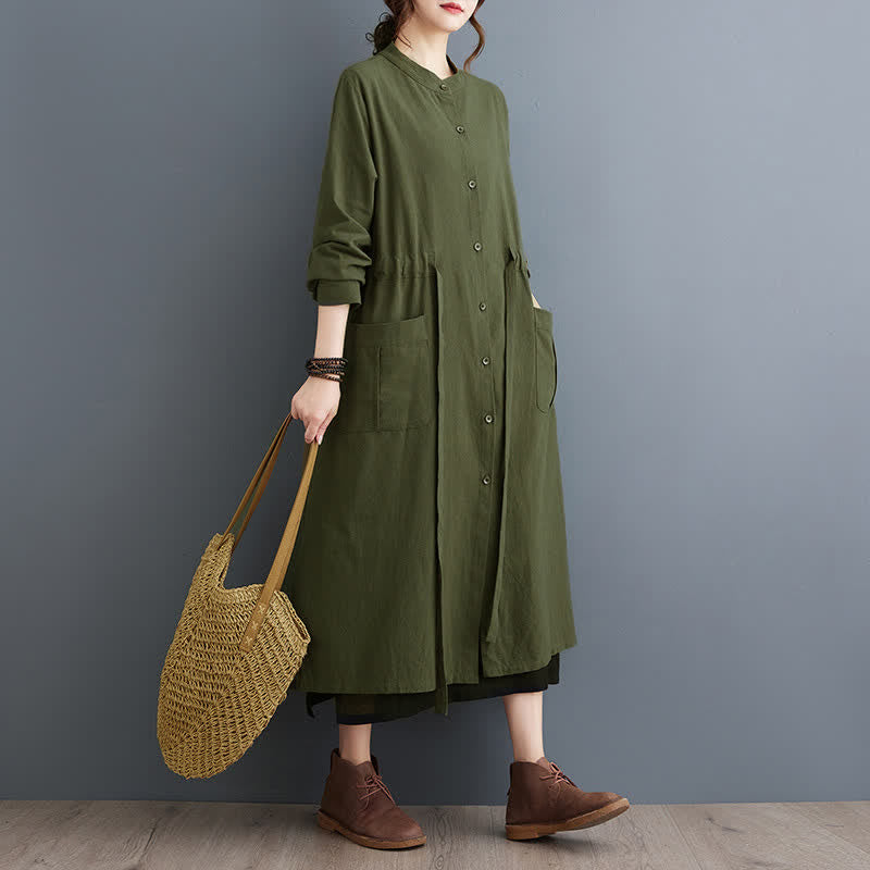Buddha Stones Abito da donna autunnale casual vintage con colletto alla coreana, bottoni, lacci e maniche lunghe, con tasche. - Verde oliva scuro - US4-8/10, UK/AU8-12/14, EU36-40/42 (F) - image 0