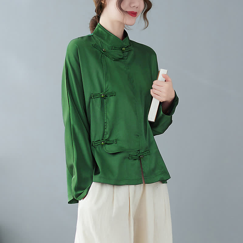 Buddha Stones Camicia da donna a maniche lunghe verde tinta unita con bottoni a rana, stile Tang, per la primavera. - image 1