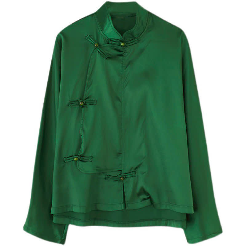 Buddha Stones Camicia da donna a maniche lunghe verde tinta unita con bottoni a rana, stile Tang, per la primavera. - image 4