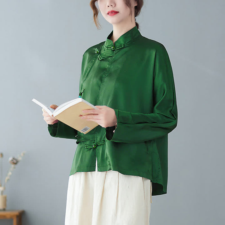 Buddha Stones Camicia da donna a maniche lunghe verde tinta unita con bottoni a rana, stile Tang, per la primavera. - image 2
