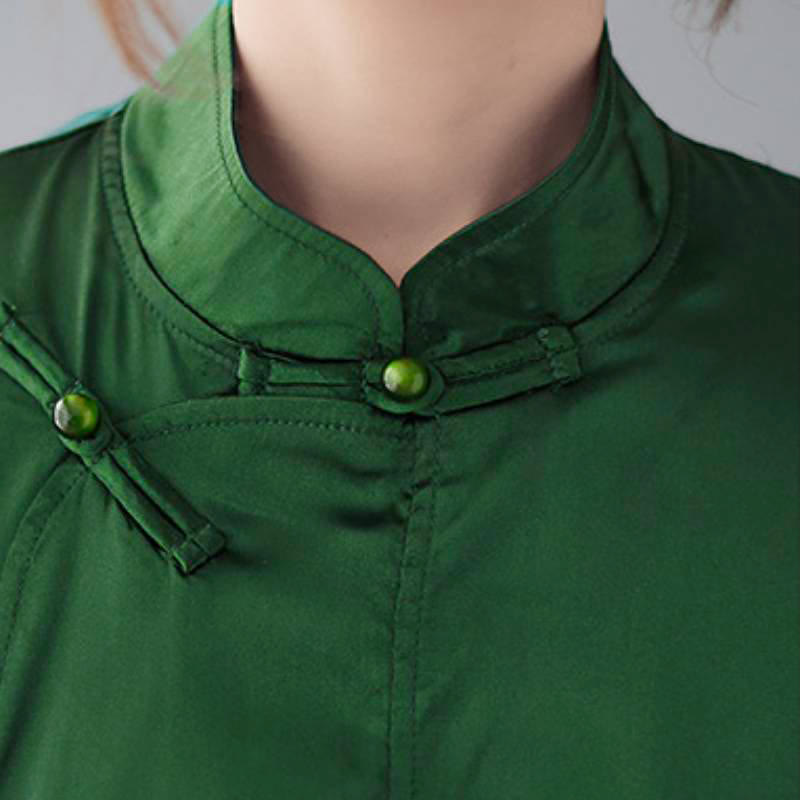Buddha Stones Camicia da donna a maniche lunghe verde tinta unita con bottoni a rana, stile Tang, per la primavera. - image 5