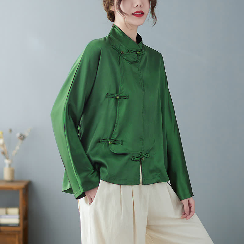 Buddha Stones Camicia da donna a maniche lunghe verde tinta unita con bottoni a rana, stile Tang, per la primavera. - Verde studentesco - US12, UK/AU16, EU44 (2XL) - image 0