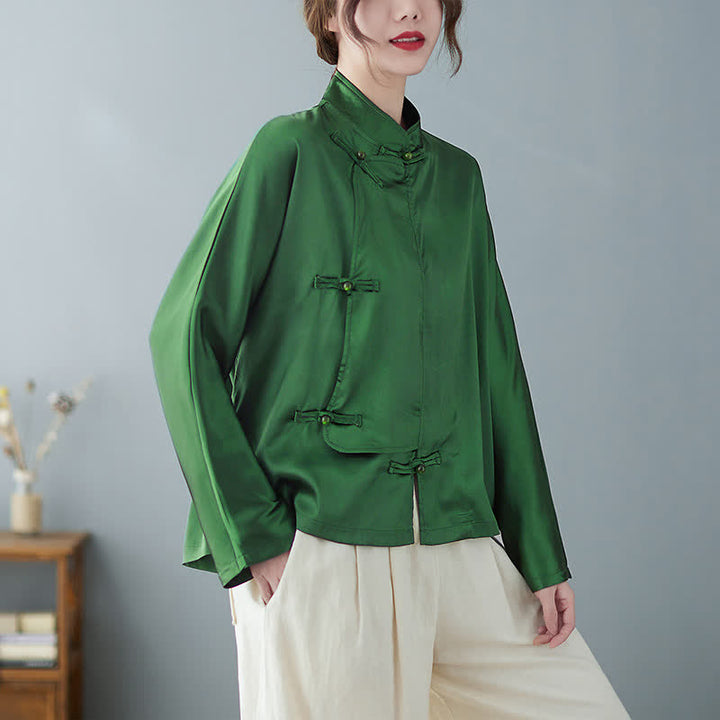 Buddha Stones Camicia da donna a maniche lunghe verde tinta unita con bottoni a rana, stile Tang, per la primavera. - Verde studentesco - US12, UK/AU16, EU44 (2XL) - image 0