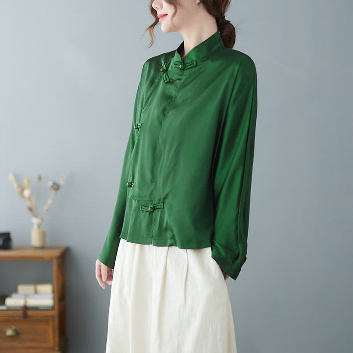 Buddha Stones Camicia da donna a maniche lunghe verde tinta unita con bottoni a rana, stile Tang, per la primavera. - image 3