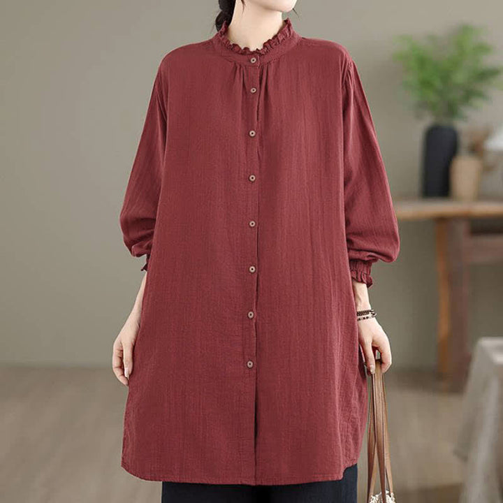 Buddha Stones Tunica da donna a maniche lunghe, tinta unita, casual, vintage, con bottoni, ideale per primavera e autunno, con tasca. - FireBrick - US16, UK/AU20, EU48 (3XL) - image 0