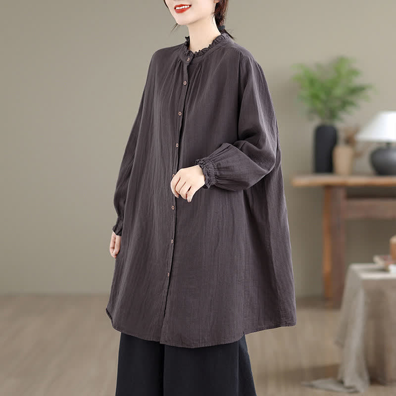 Buddha Stones Tunica da donna a maniche lunghe, tinta unita, casual, vintage, con bottoni, ideale per primavera e autunno, con tasca. - Marrone sella - US16, UK/AU20, EU48 (3XL) - image 19