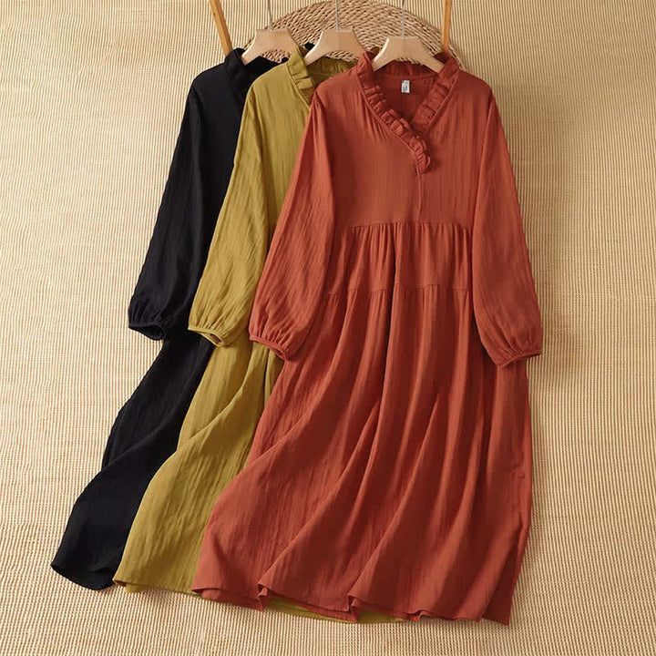Buddha Stones Abito da donna autunnale vintage boho a maniche lunghe con scollo a V e tasca, tinta unita. - image 15