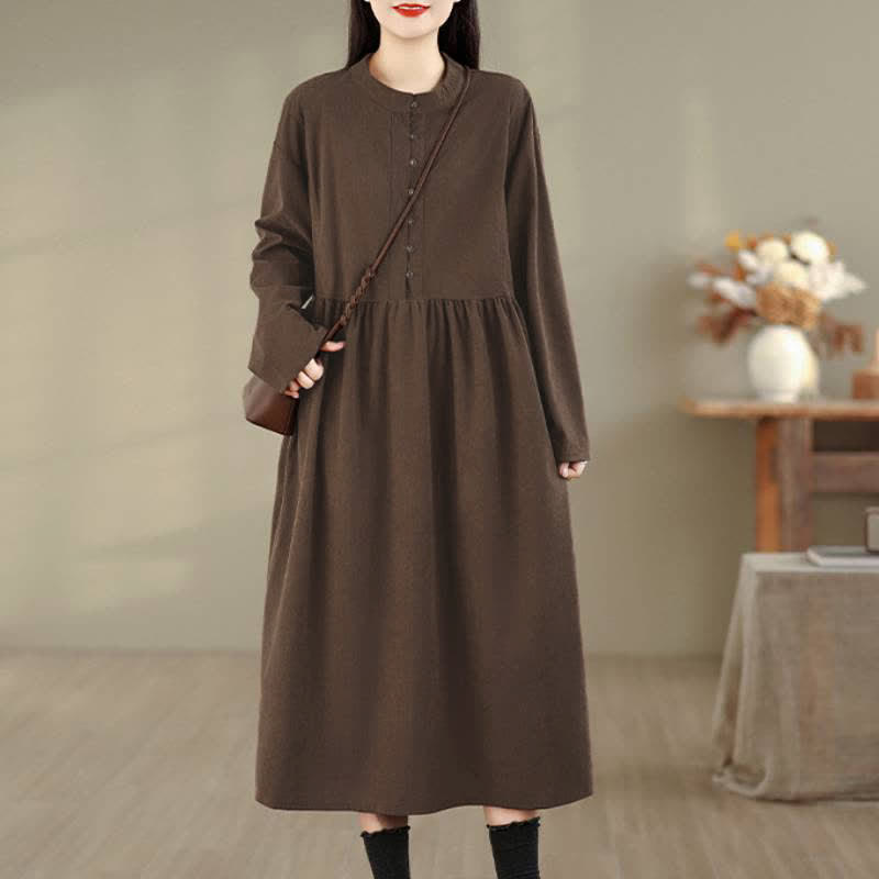 Buddha Stones Abito da donna autunnale casual minimalista con bottoni, scollo rotondo, maniche lunghe e tasca. - Marrone sella - US8-10, UK/AU12-14, EU40-42 (XL) - image 0