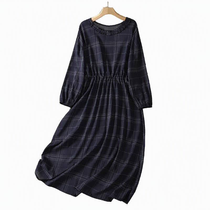 Buddha Stones Abito da donna a maniche lunghe, casual, vintage, blu notte a quadri, per primavera/autunno. - image 2