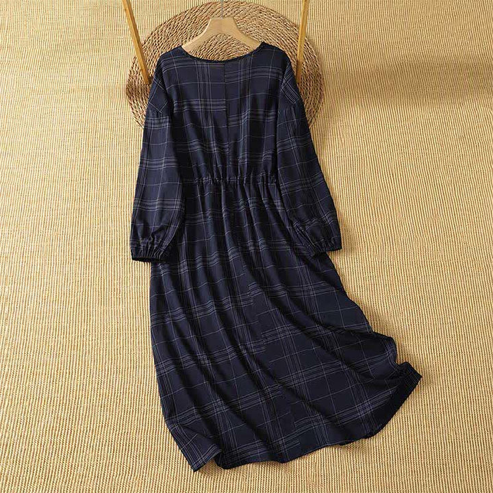 Buddha Stones Abito da donna a maniche lunghe, casual, vintage, blu notte a quadri, per primavera/autunno. - image 1