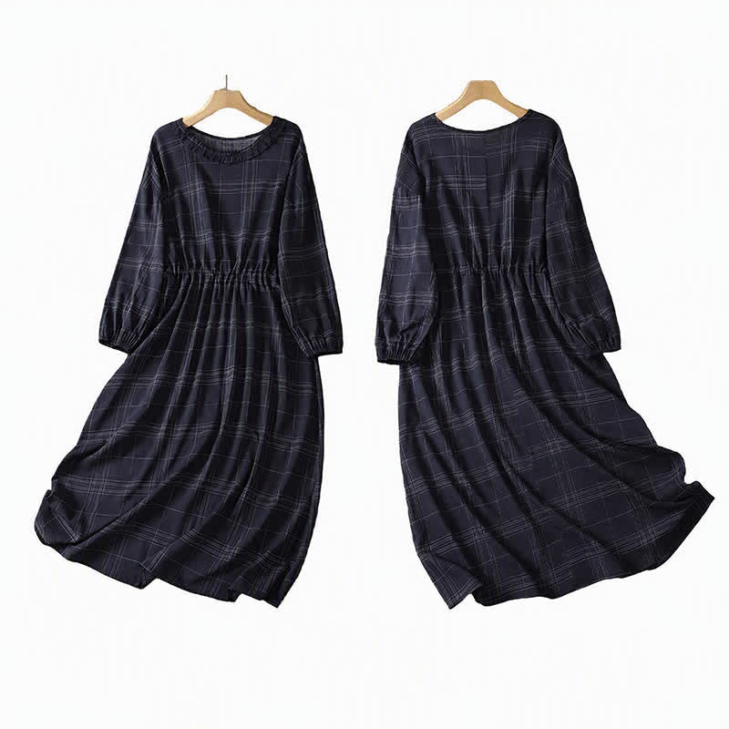 Buddha Stones Abito da donna a maniche lunghe, casual, vintage, blu notte a quadri, per primavera/autunno. - image 3