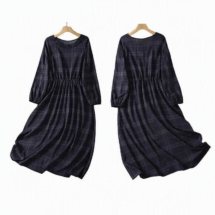 Buddha Stones Abito da donna a maniche lunghe, casual, vintage, blu notte a quadri, per primavera/autunno. - image 3
