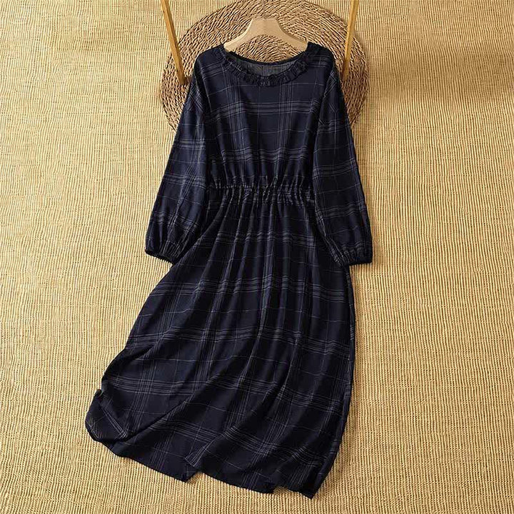 Buddha Stones Abito da donna a maniche lunghe, casual, vintage, blu notte a quadri, per primavera/autunno. - Blu notte - US14, UK/AU18, EU46 (2XL) - image 0