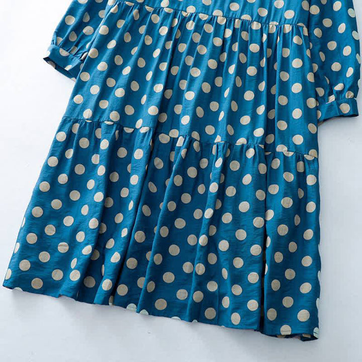 Buddha Stones Abito da donna primaverile casual vintage a pois blu e bianchi con maniche lunghe e tasche. - image 11