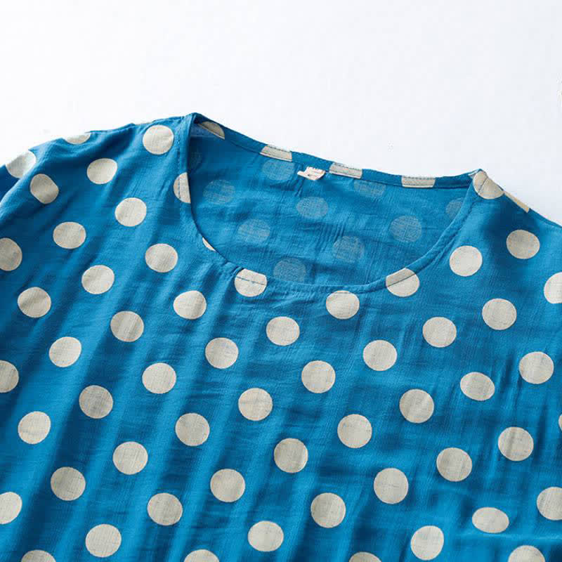 Buddha Stones Abito da donna primaverile casual vintage a pois blu e bianchi con maniche lunghe e tasche. - image 5